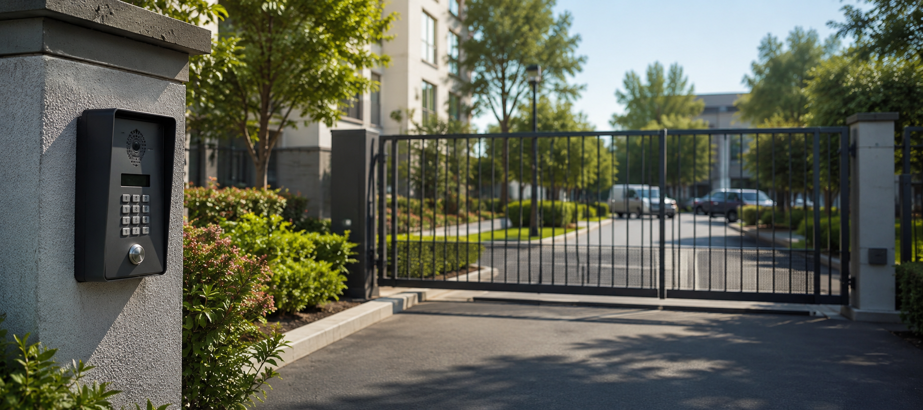 Modern gated entrance with intercom