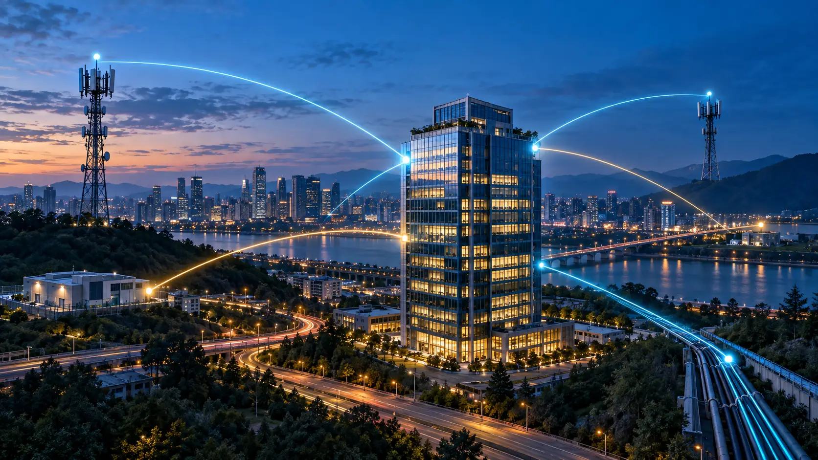 Connected city and office building with redundant communications paths representing carrier-grade, five-nines reliability.