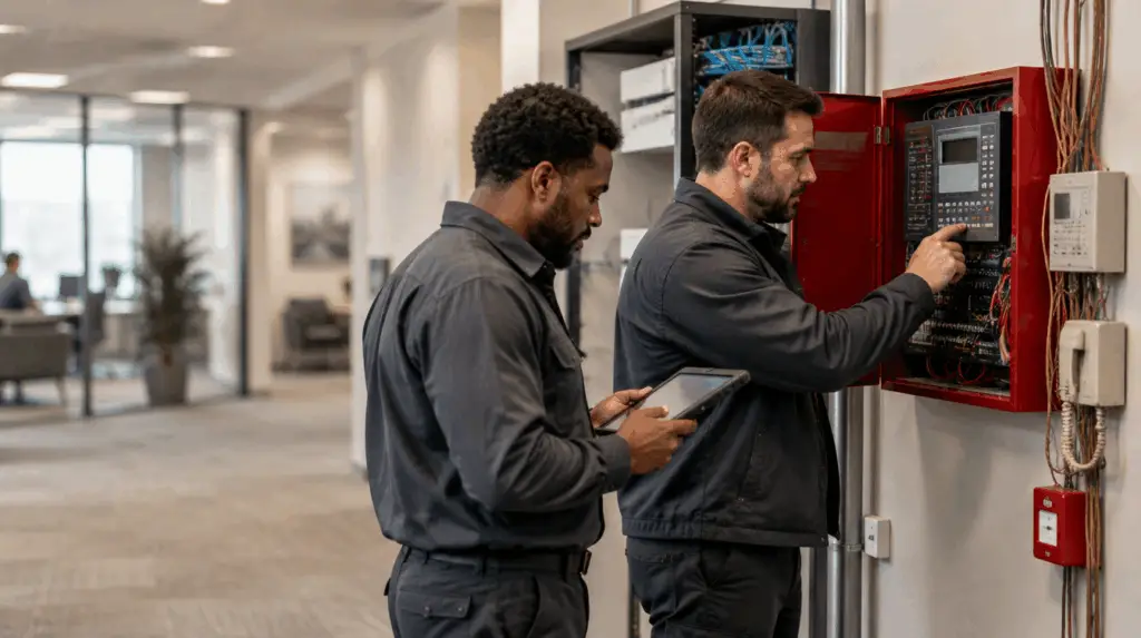 Two building-systems technicians inspect a fire alarm control panel in a modern office building.